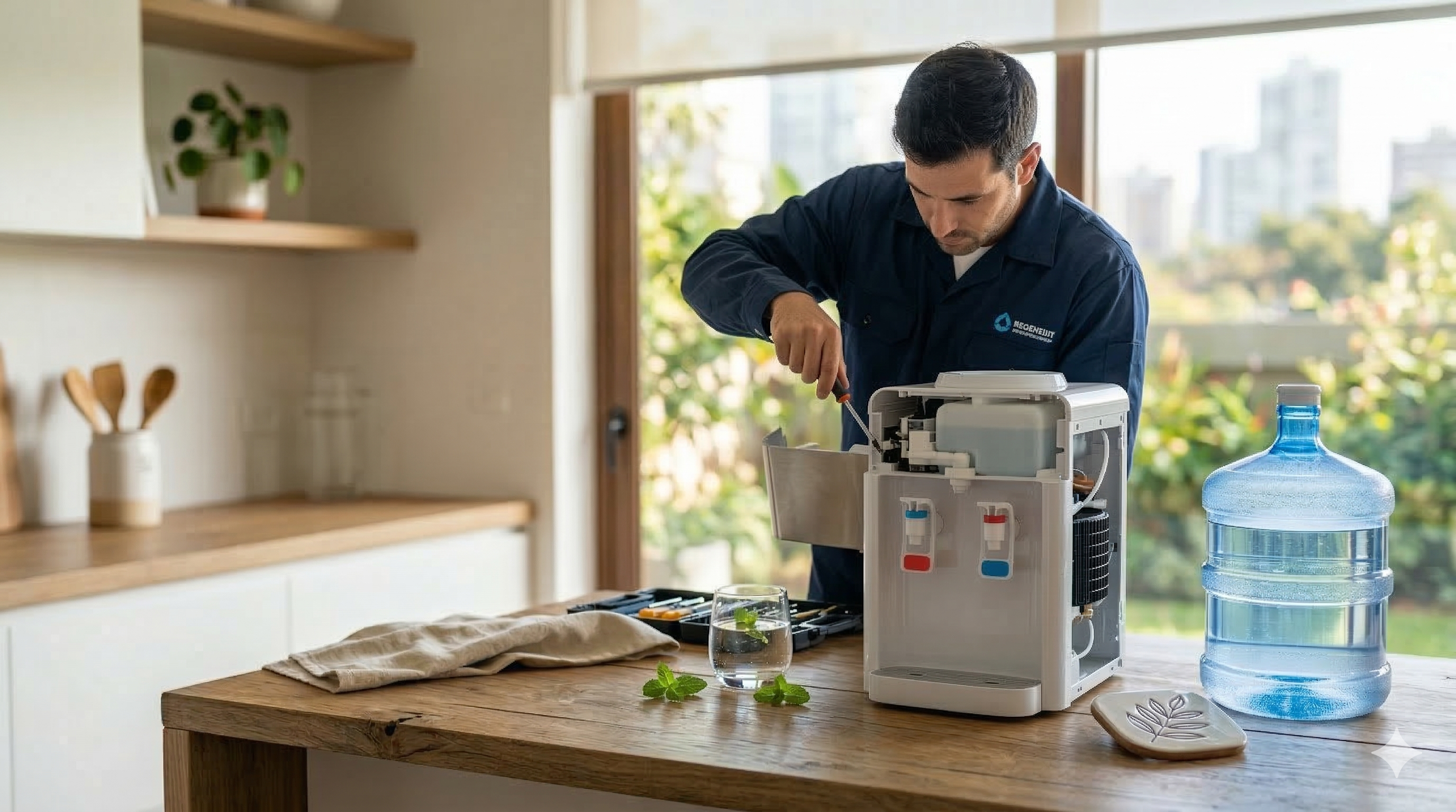 Técnico profesional realizando mantenimiento a un dispensador de agua