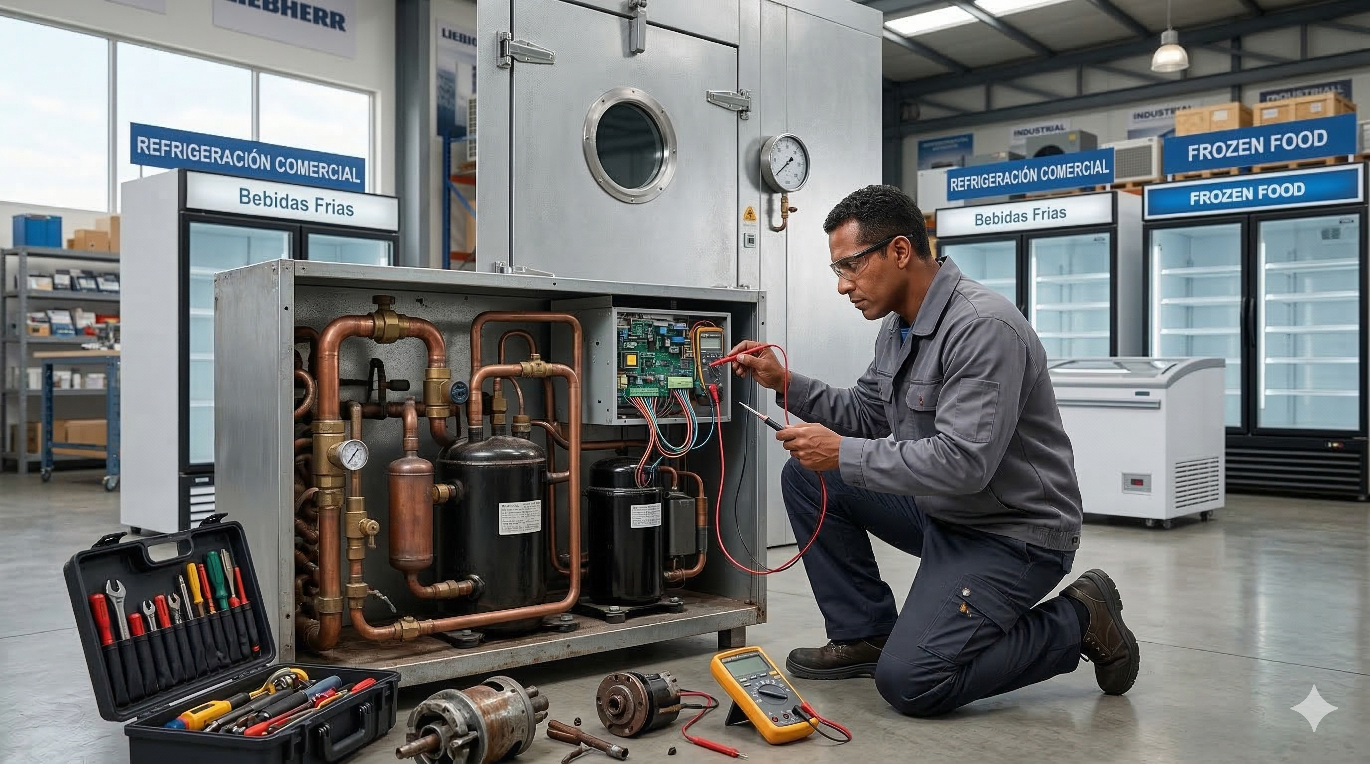 Técnico realizando mantenimiento a equipo de refrigeración industrial